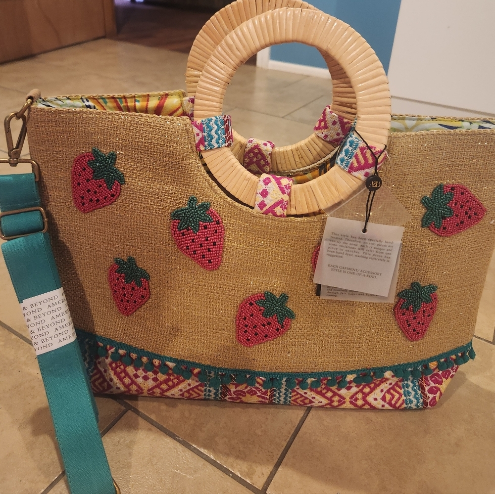 America & Beyond Embellished Jute Tote withRemovable Pouch